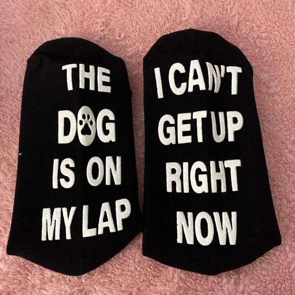 NWT - Black Novelty Socks with Fun White “Dog on Lap” Quirky Text - Picture 2 of 6